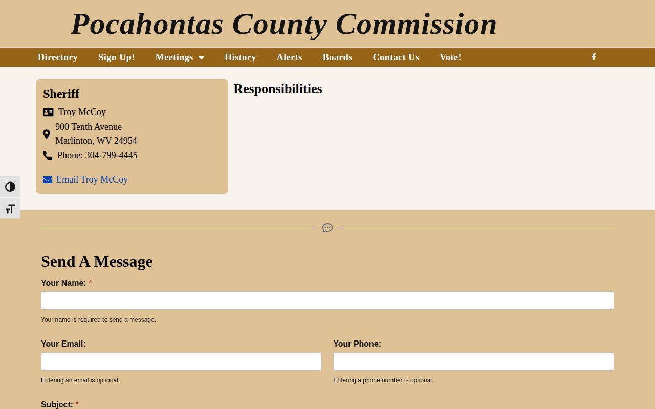 Pocahontas County Sheriff’s Office booking-record contact page